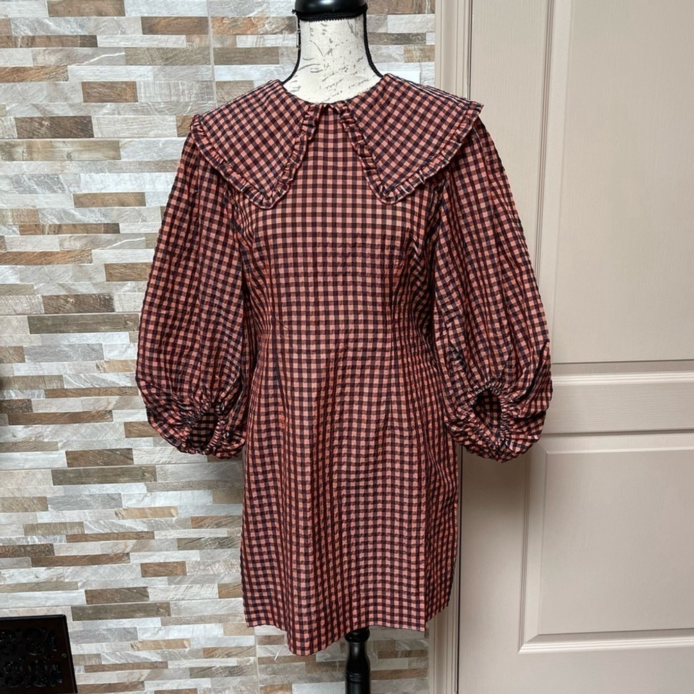 GANNI SEERSUCKER CHECK MINI DRESS FLAME SIZE 38 - Picture 10 of 16